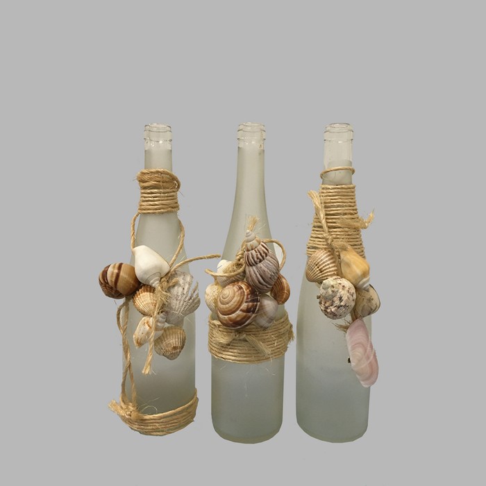 Frosted glass bottle with shells and rope 3 x
